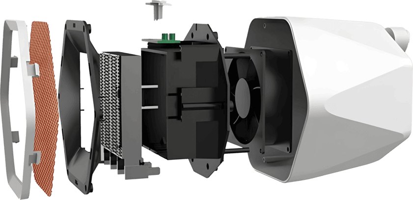 Exploded view of the HexaHeat ceramic heater showing its PTC heating element, fan, and honeycomb front grille