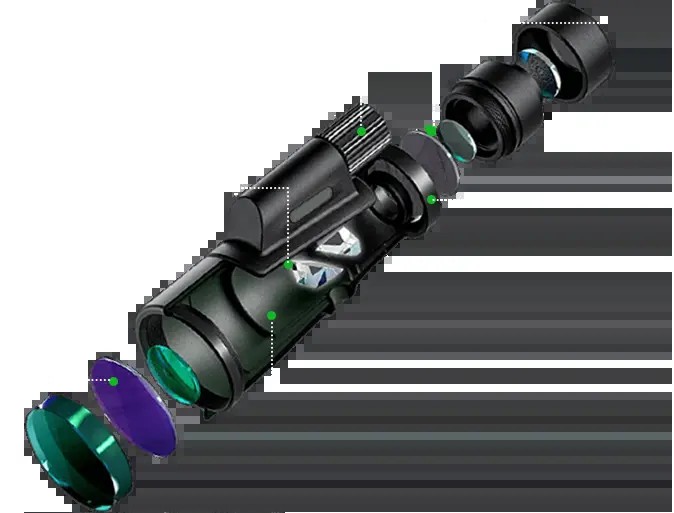 Exploded view of the Horizon Scope monocular showing its BAK-4 prism and multi-coated lens elements