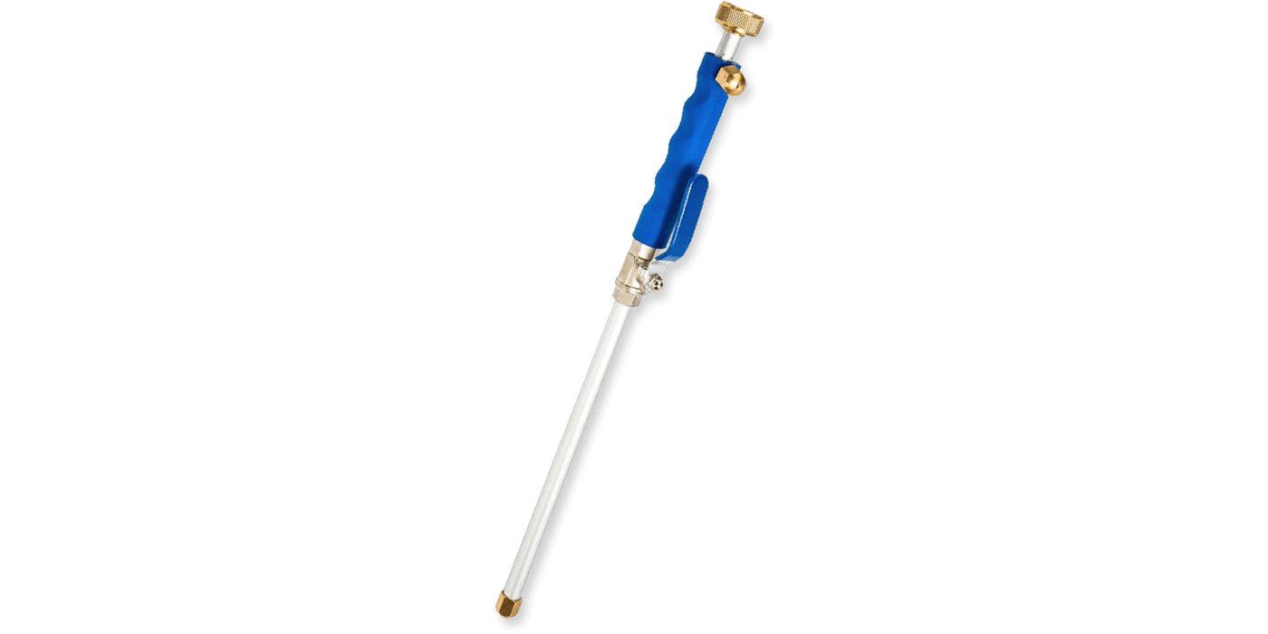 The HydroBlast Power Nozzle high-pressure garden hose wand with blue grip and brass nozzle head