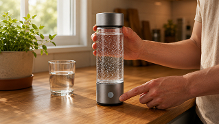The HydroForge hydrogen water bottle on a table with a finger pressing the activation button as hydrogen bubbles rise