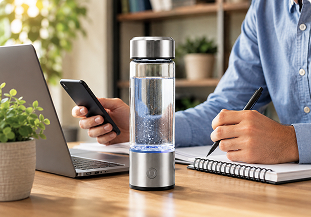HydroForge hydrogen water bottle glowing blue mid-cycle on a desk beside a laptop while a person works