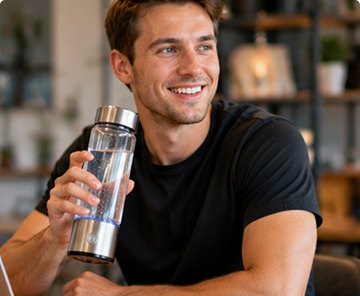 A person drinking from the HydroForge hydrogen water bottle at home