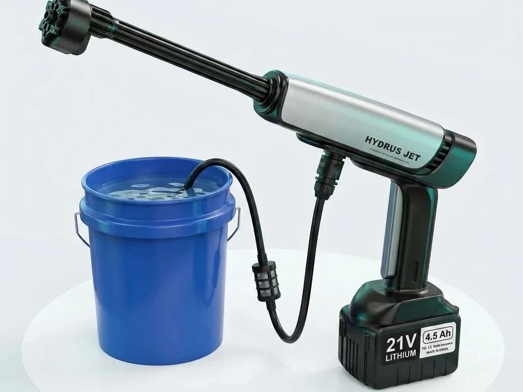 Hydrus Jet cordless power washer drawing water from a blue bucket through its intake hose