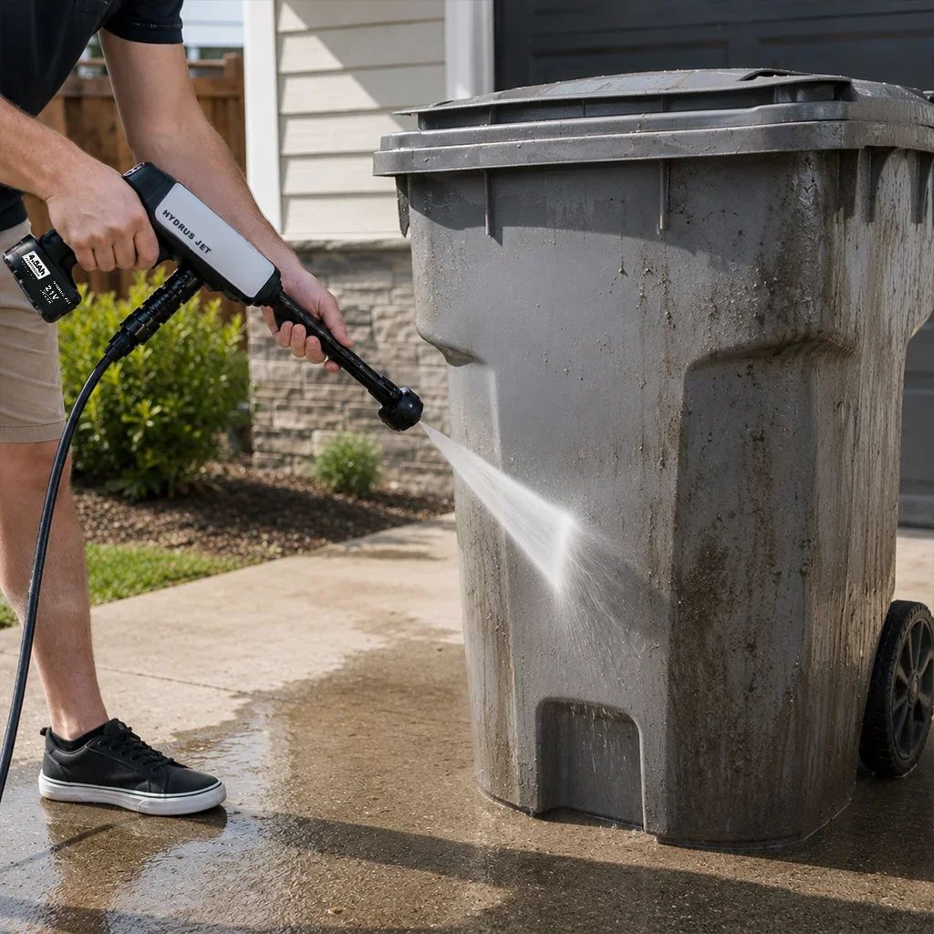 Person using the Hydrus Jet cordless power washer to clean a dirty wheeled trash bin on a driveway