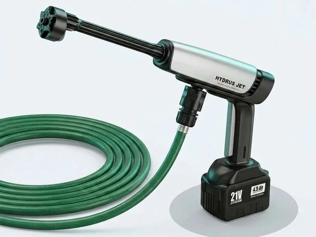 Hydrus Jet cordless power washer connected to a coiled green garden hose on a white background