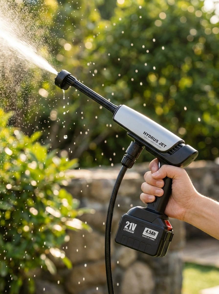 Hand holding the Hydrus Jet cordless power washer spraying a jet of water in a garden