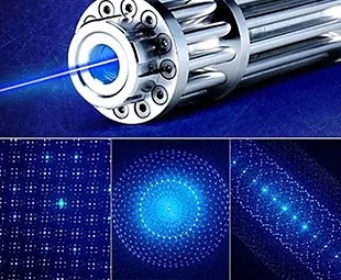 IgniteBeam laser emitter firing, with three interchangeable beam-pattern insets