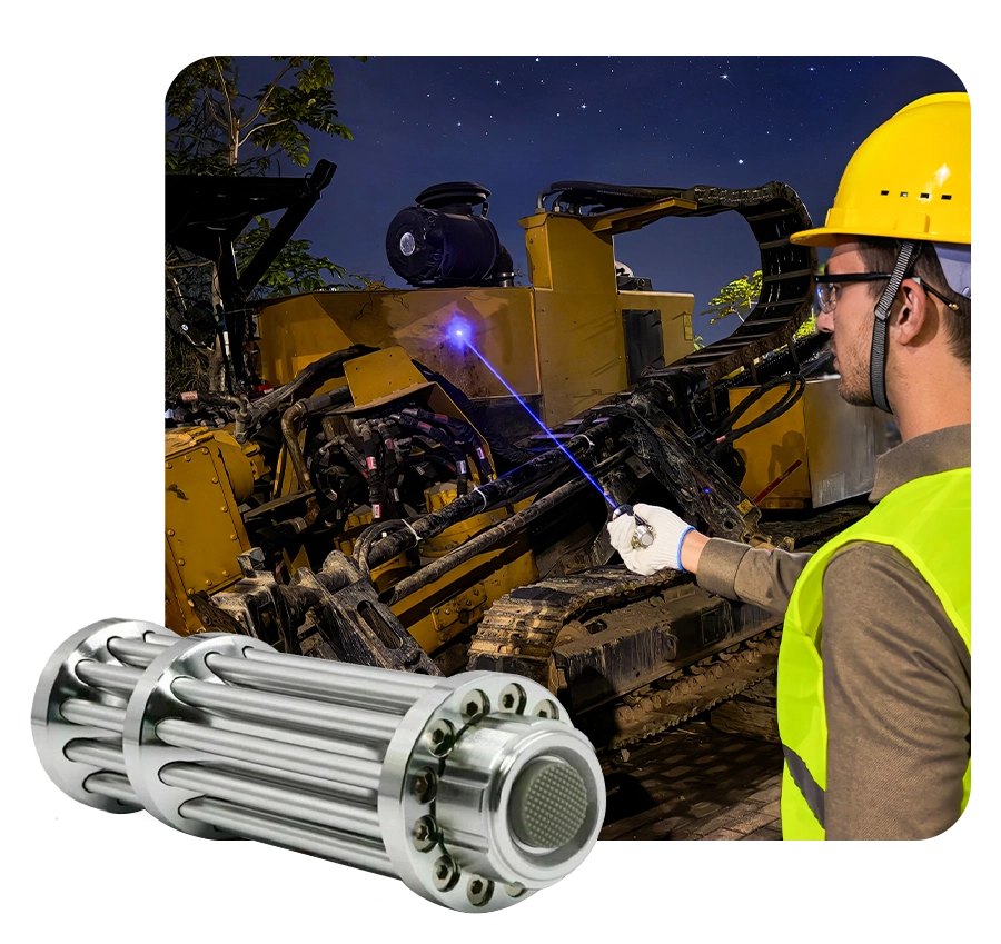 IgniteBeam handheld blue laser shown next to a person using it outdoors at a worksite at night