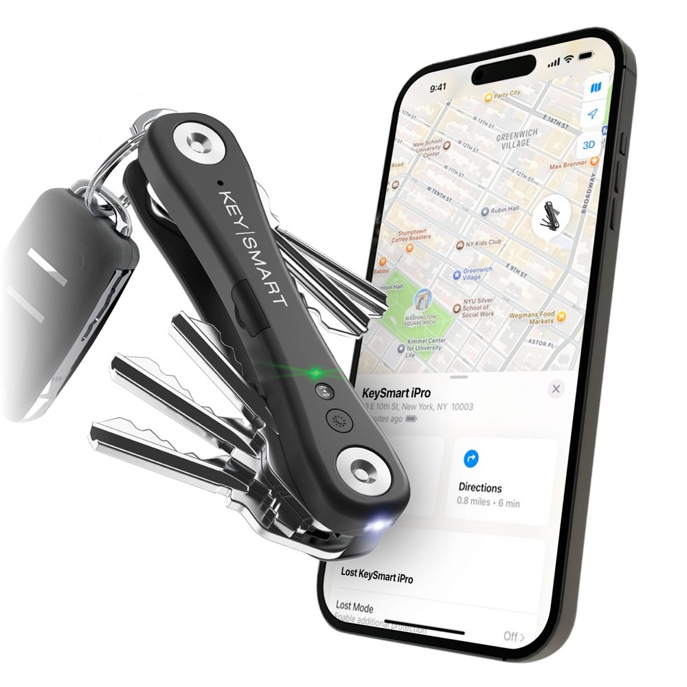 KeySmart iPro key organizer with Apple Find My showing its location on a phone map