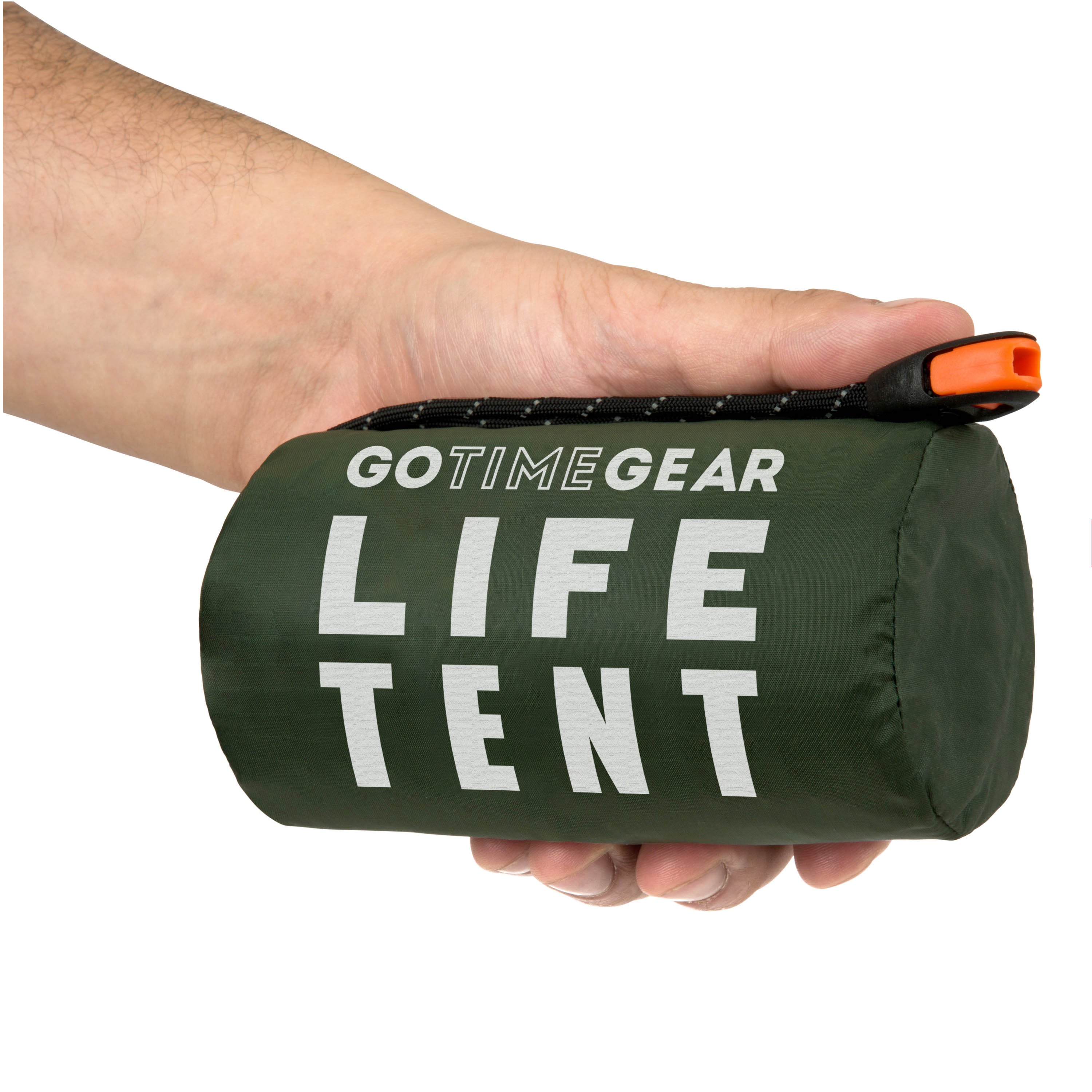 Go Time Gear LifeTent emergency survival shelter packed into its compact green stuff sack
