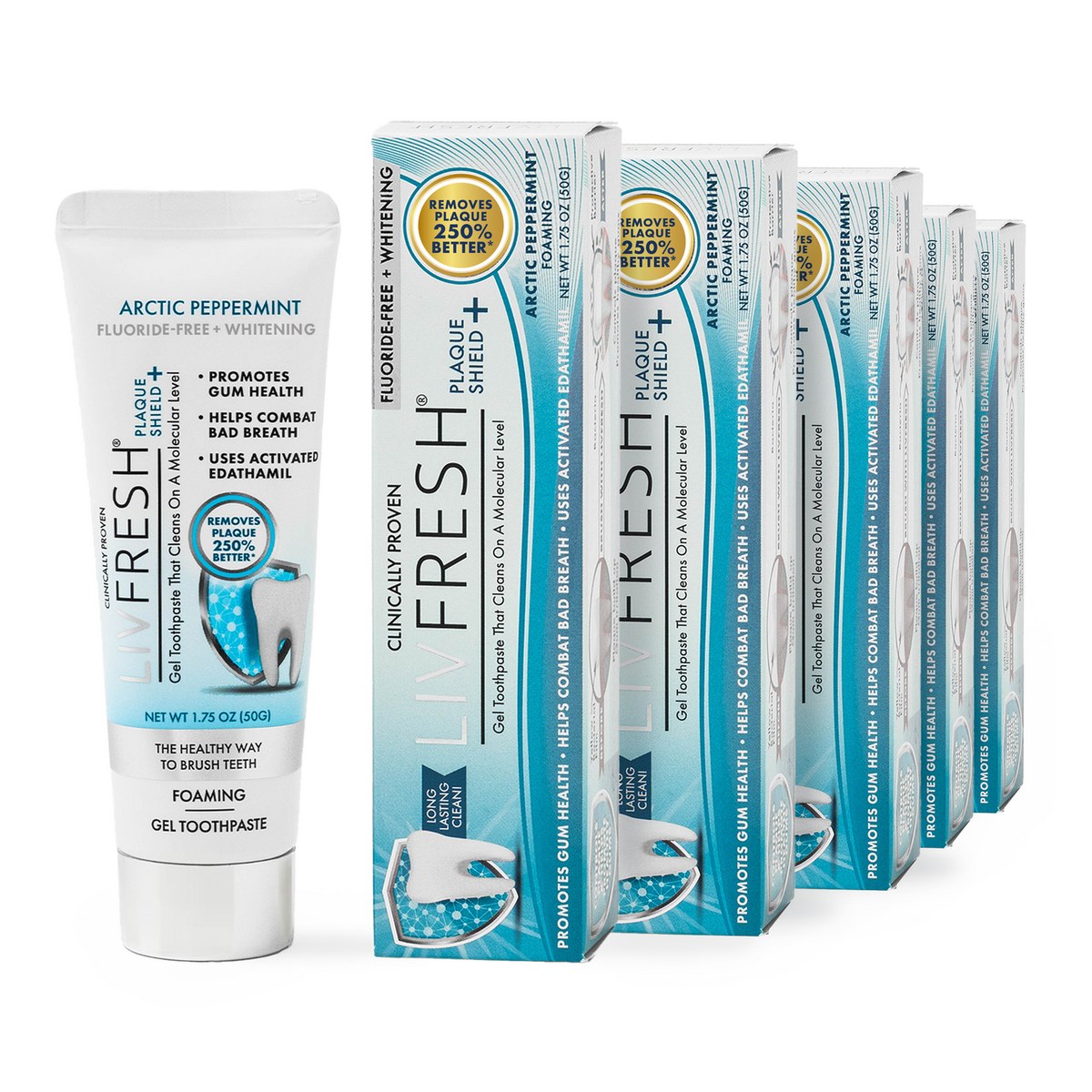 LivFresh Arctic Peppermint dental gel tube beside a multipack of boxes
