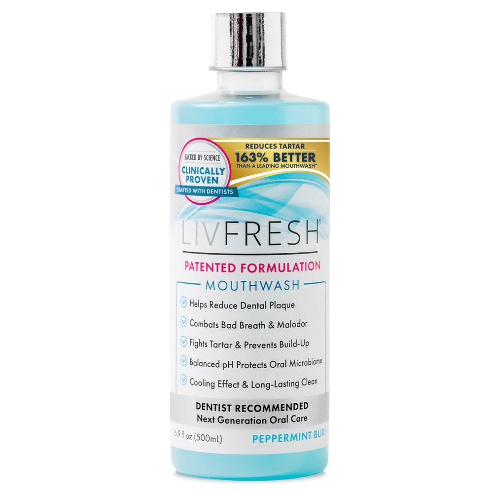 LivFresh Peppermint Burst mouthwash bottle from the same product line