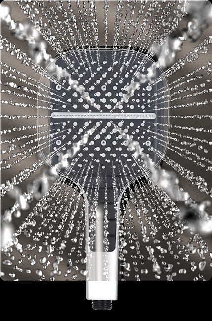 Loft Home Essentials showerhead spraying a full high-pressure pattern against a dark background