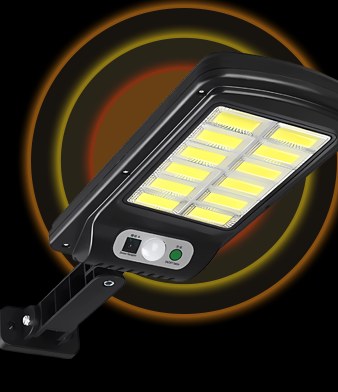 Loma Solar Lights unit lit up at full brightness, showing the spread of its COB LED panel