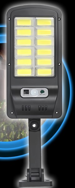 Loma Solar Lights solar motion sensor security light showing its 12 COB LED panel, motion sensor, and adjustable mounting bracket