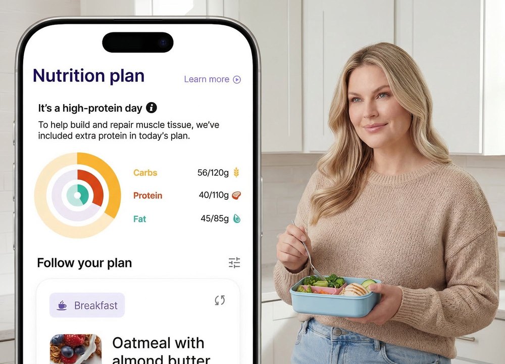Lumen app showing a personalized daily nutrition plan with carb, protein, and fat targets next to a person eating a healthy meal