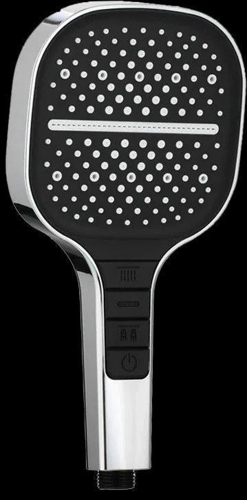 Maas & Bath Showerhead handheld unit showing its chrome body and multi-setting spray face with mode buttons