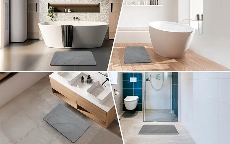 The Mat Mend stone bath mat shown in four different real bathrooms