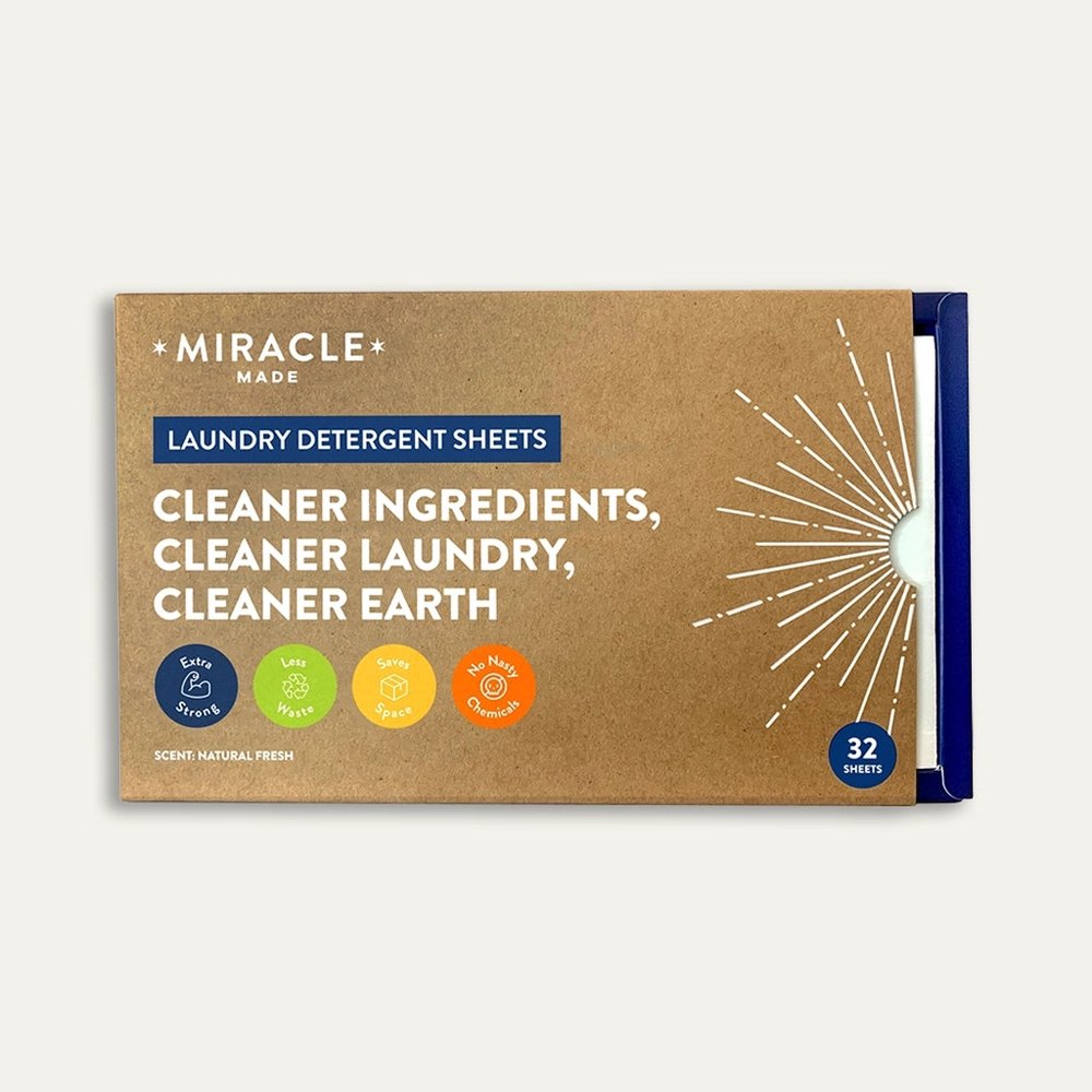 A box of Miracle Made laundry detergent sheets, 32 count