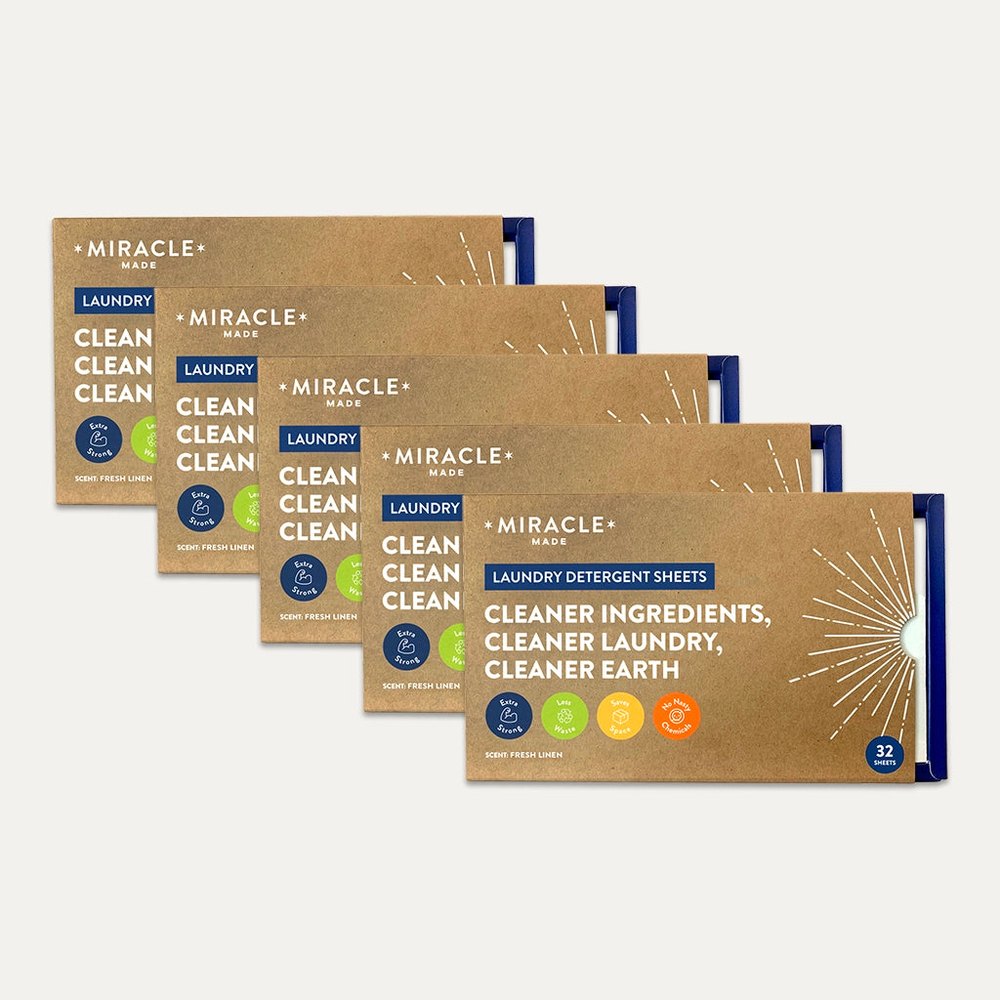 A five-box family bundle of Miracle laundry detergent sheets