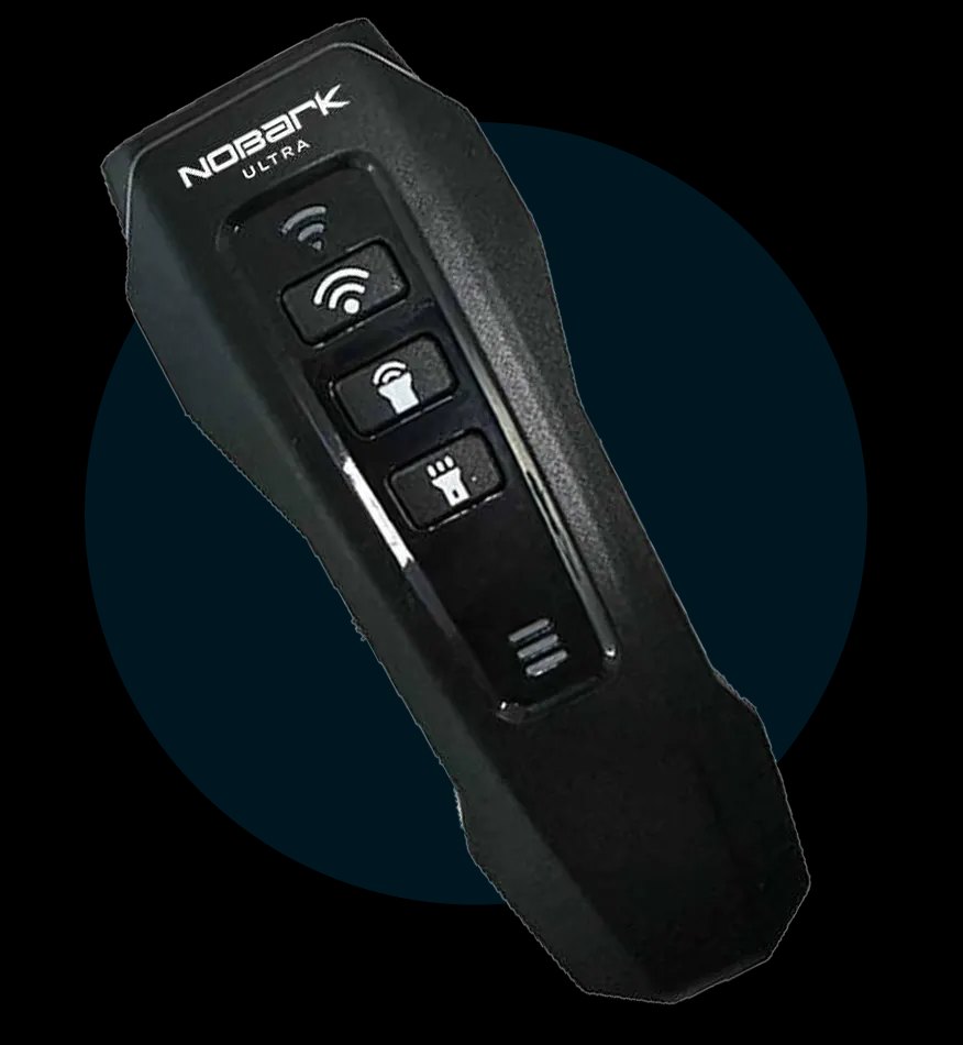 NoBark Ultra device showing its three mode buttons for ultrasonic, tone, and LED light