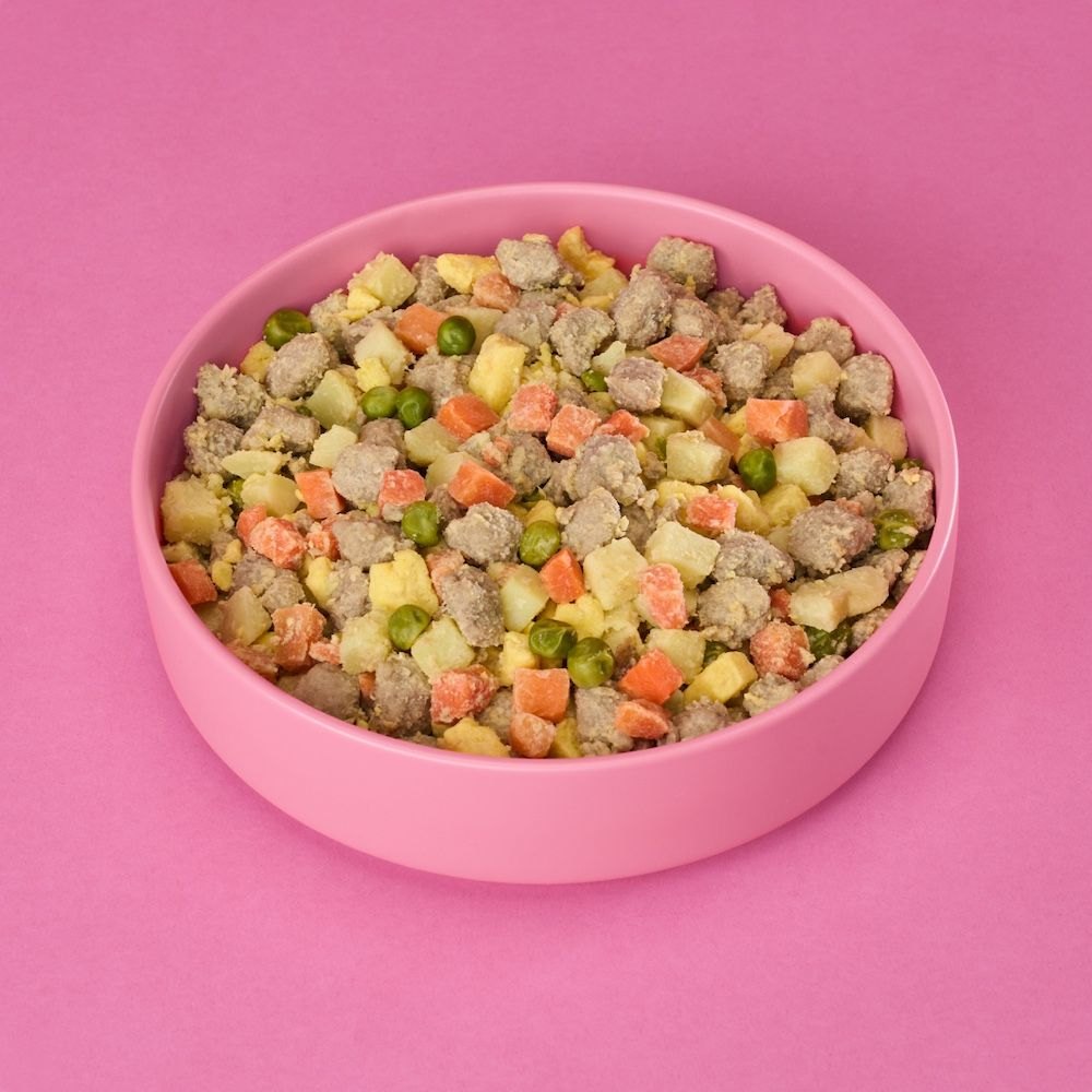 Close-up of Nom Nom fresh dog food in a bowl showing meat, carrots, peas, and potato