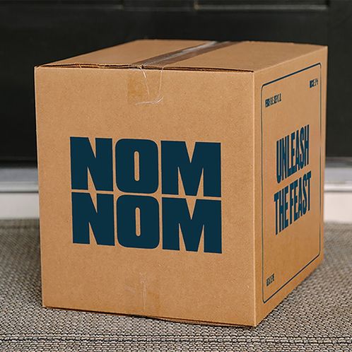 Nom Nom dog food shipping box delivered to a doorstep