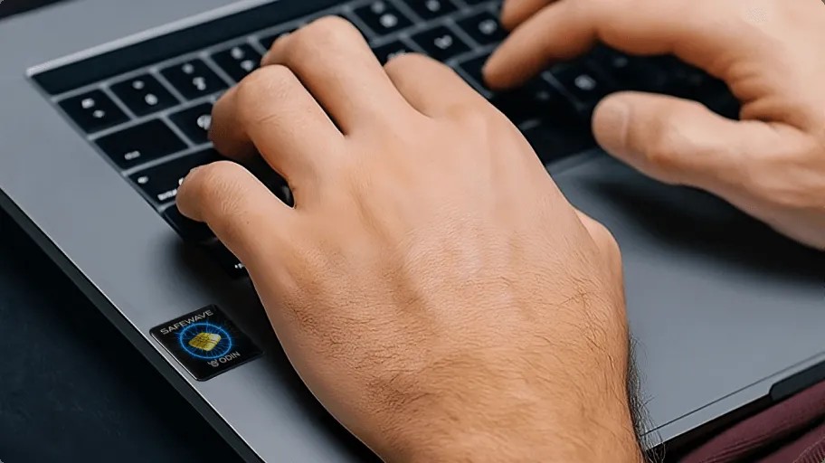 Hands typing on a laptop with the ODIN SafeWave EMF Blocking Sticker applied