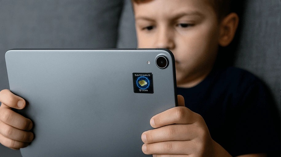 Child using a tablet with the ODIN SafeWave EMF Blocking Sticker on the back