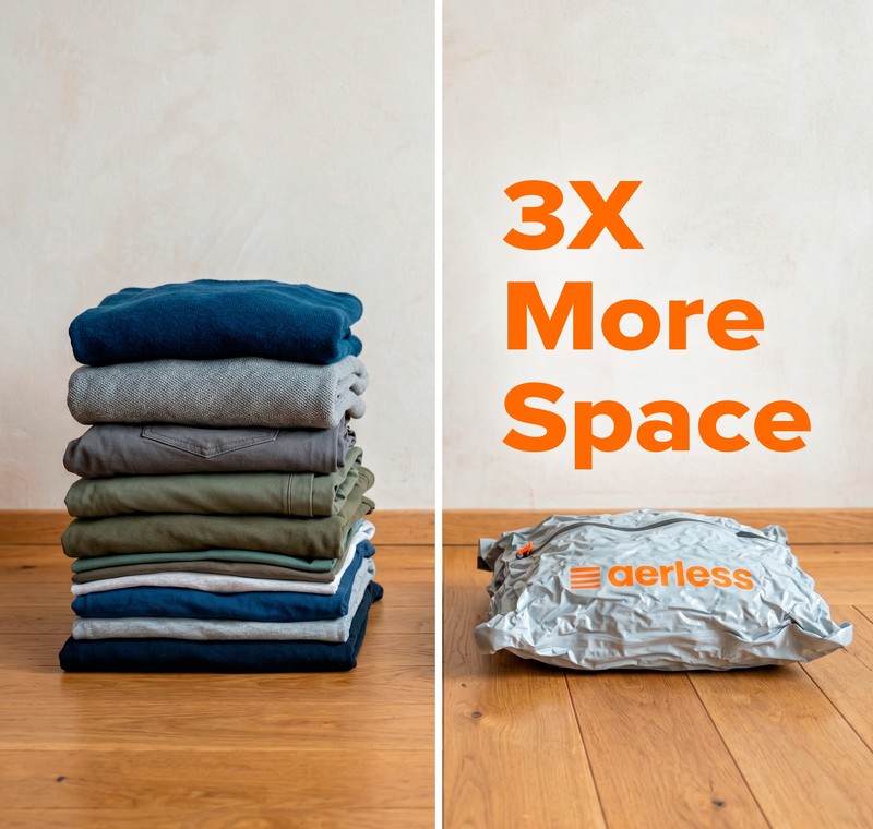 A tall stack of folded clothes beside the same clothes vacuum-compressed flat in an Aerless bag, labeled 3X more space