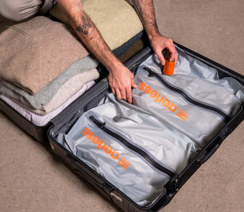 Compressed Aerless vacuum bags packed flat inside an open carry-on suitcase next to a stack of sweaters