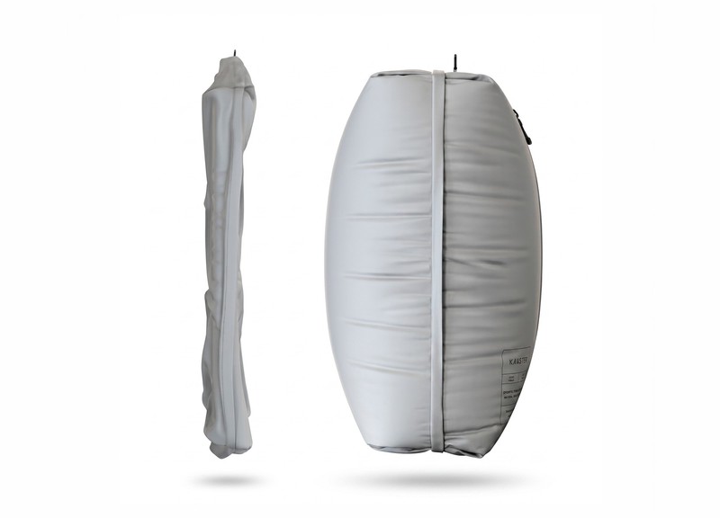 An Aerless vacuum bag rolled down thin after compression next to the same bag fully inflated, showing how much air it removes