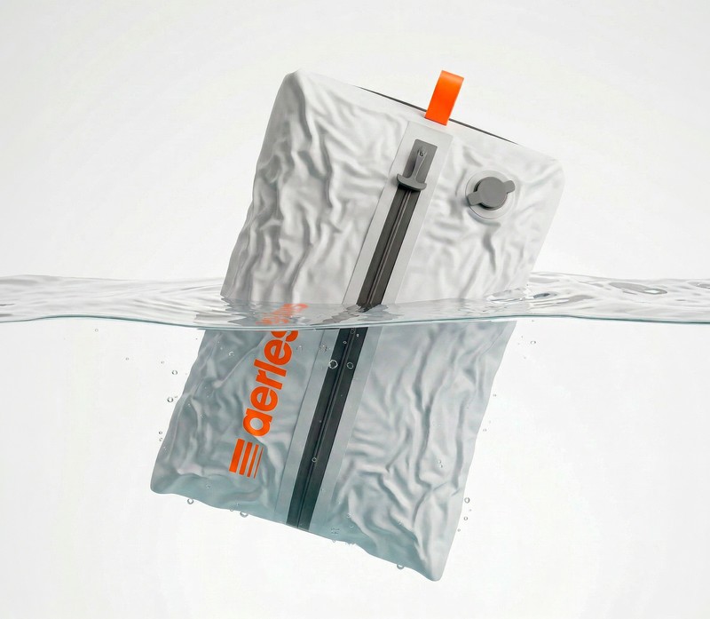 A sealed Aerless vacuum bag floating in water, demonstrating its waterproof, air-tight seal