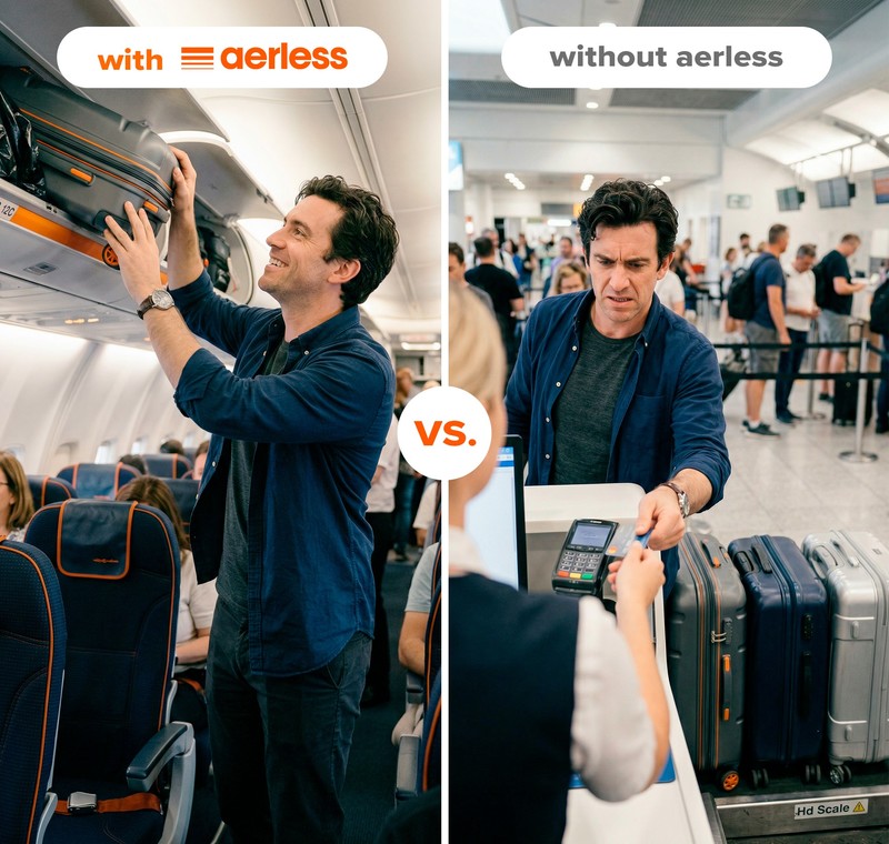 Split image comparing a traveler easily stowing a carry-on in the overhead bin with Aerless versus checking bulky suitcases at the counter without it