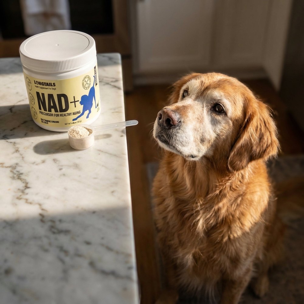 Senior golden retriever beside a jar of LongTails NAD+ precursor powder supplement for dogs