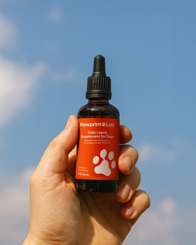 Hand holding the amber PawPrint Lab dropper bottle against a blue sky