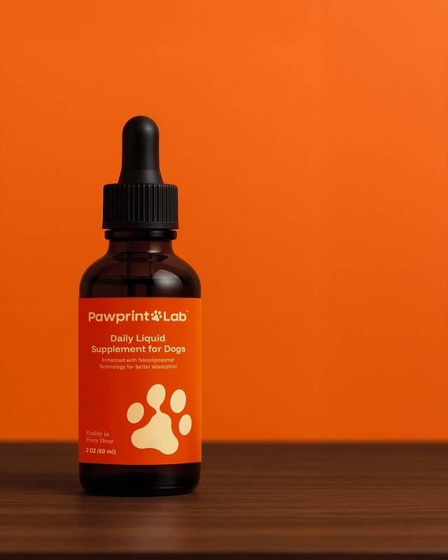 Studio shot of the PawPrint Lab Daily Liquid Supplement for Dogs bottle on a wood surface