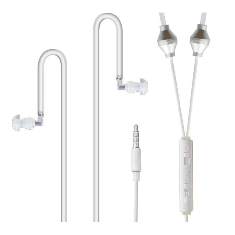 The SafeSleeve air-tube headphones showing the air-tube design, ear tips, inline control and 3.5mm plug on a white background