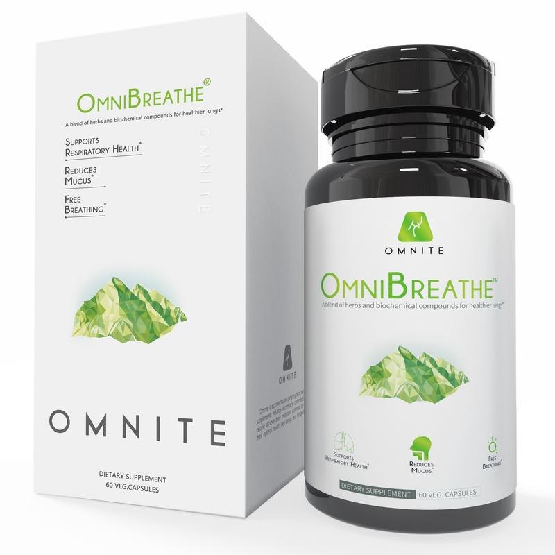 The OmniBreathe supplement bottle beside its white retail box on a plain background