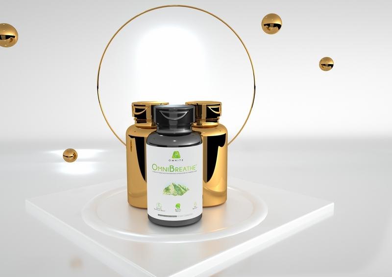 An OmniBreathe supplement bottle displayed on a lit podium in a studio setting