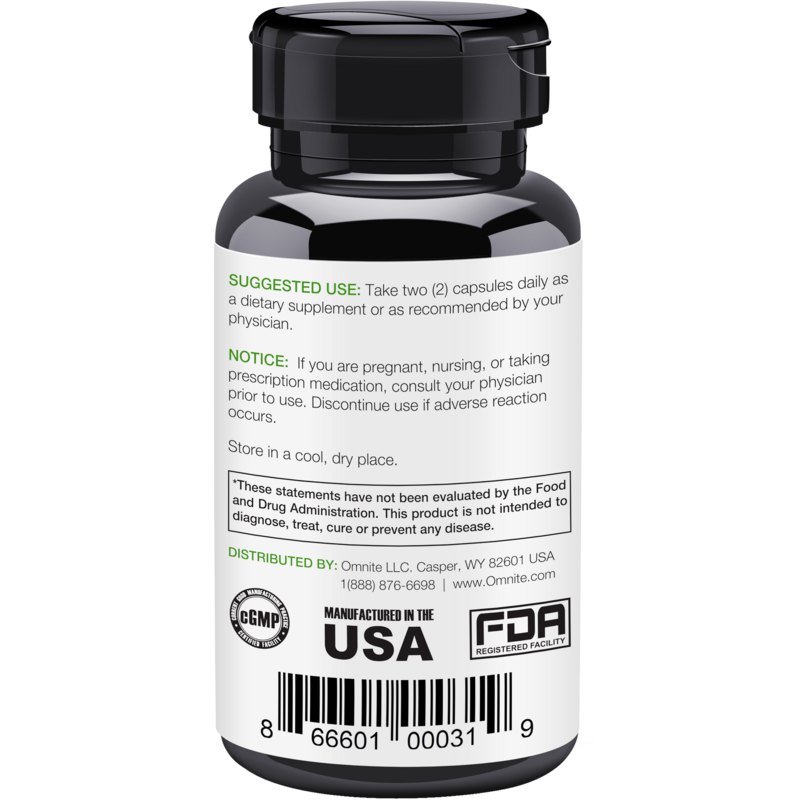 The back label of the OmniBreathe bottle showing suggested use of two capsules daily and manufacturer details