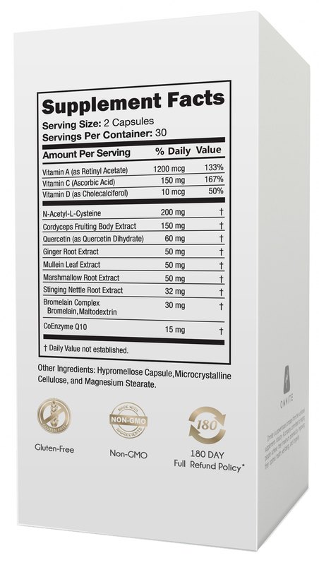 The OmniBreathe supplement facts panel listing its vitamins, NAC, cordyceps, quercetin and herbal ingredients with amounts