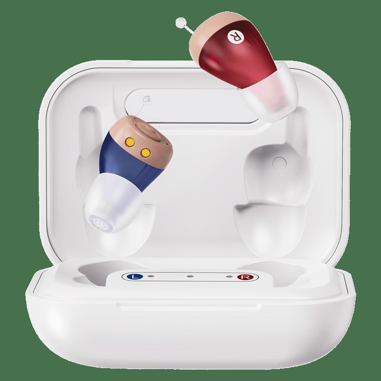 Pair of Oricle hearing aids, one blue and one red, above the open white charging case