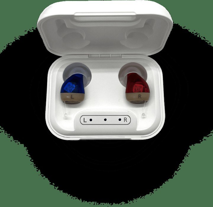 Oricle hearing aids seated in the open charging case with L and R indicator lights