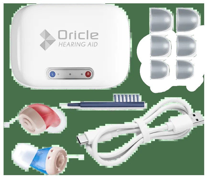 Oricle hearing aid kit showing the charging case, ear tips in three sizes, cleaning brush, and USB-C cable