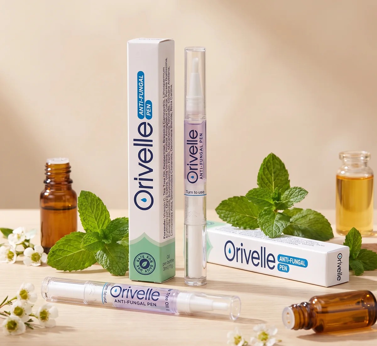 Orivelle Anti-Fungal Pen with its box and botanical ingredients