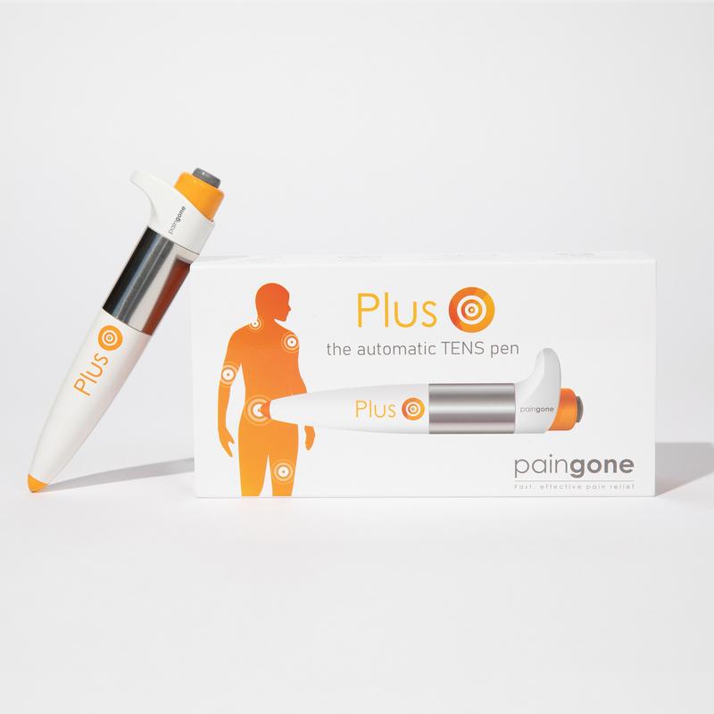 Paingone Plus TENS pen standing next to its retail box labelled the automatic TENS pen
