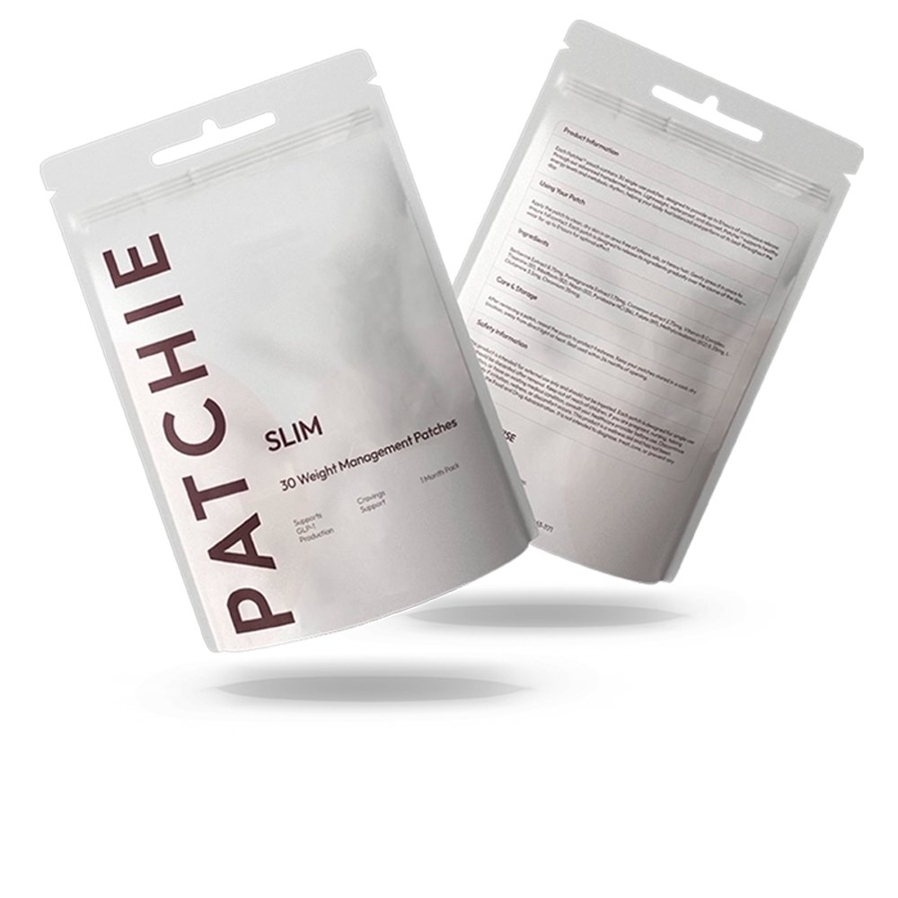 Front and back of two Patchie GLP-1 support patch pouches