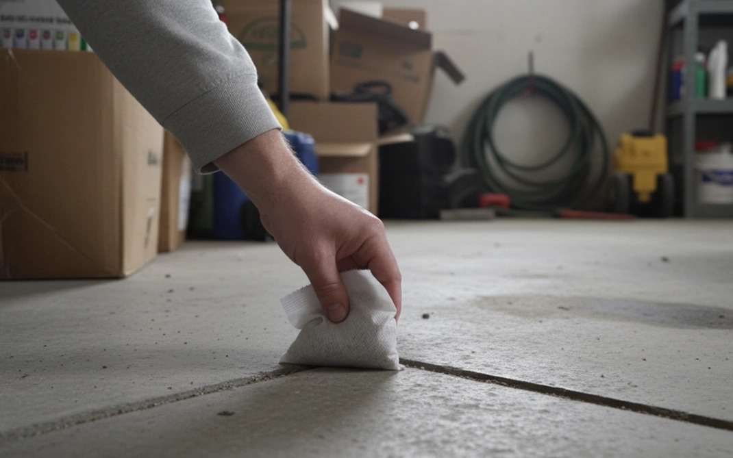 A hand placing a PestVault repellent pouch along a garage floor gap