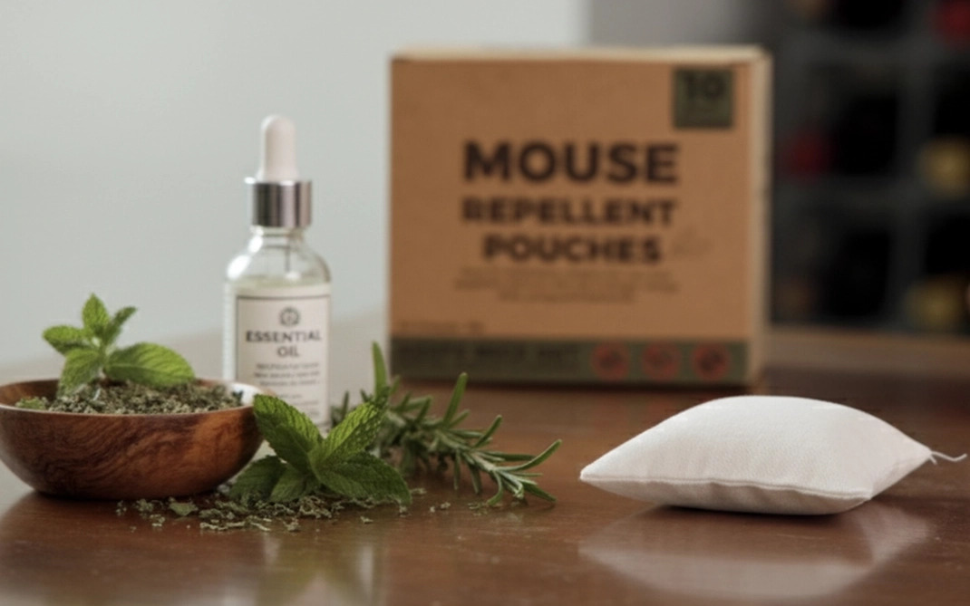 PestVault pouch shown with the peppermint and botanical ingredients it contains